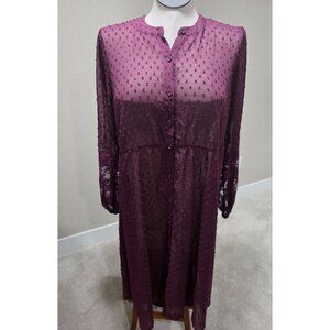 Sheer Plum Button-Front Textured Tunic Dress With Lace Sleeves Women's M/L